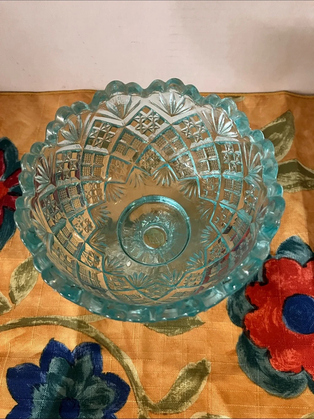 Aqua Glass Pedestal Compote Bowl - Decorative Accent Vase